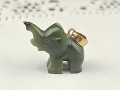 Vintage 28mm Dark Green Nephrite Jade Lucky Elephant Trunk Up Pendant Gold Fill