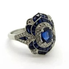 Art Deco Style Oval Cut Sapphire Lab Created Diamond Engagement 925 Silver Ring
