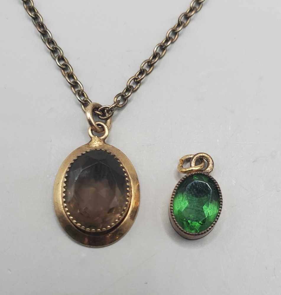 Vtg Estate Pendants: Smokey Quartz TESTED Gemstone W/Chain, Small Green Glass