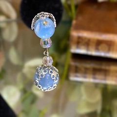 Vintage Coro Signed Blue Silver Beaded Drippy Drop Clip Earrings Filigree