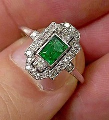 Art Deco Style Lab Created Diamond & Emerald Engagement 14k White Gold FN Ring