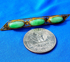 Original EARTH MINED JADE Antique Art Deco Brooch Vintage SOLID 14K GOLD Bar Pin
