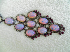 Vtg Dragons Breath Pink Fire Opal Purple Rhinestone Waterfall Pendant Necklace