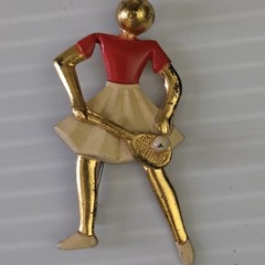 Vintage Gold Tone Enamel Tennis Player Figural Brooch Pin Red White Sports