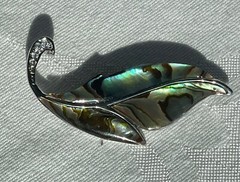 Vintage Abalone Shell Leaf Brooch Pin Clear Rhinestones Inlaid MCM Mermaidcore