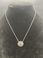 925 Sterling Silver 18” Necklace Flower Pendant Pink & Violet Rhinestones 9.3g