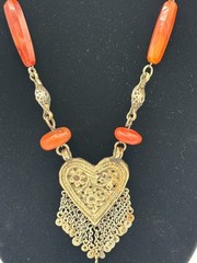 Vintage Turkmen Silver Carnelian Asyk Heart Necklace Yemeni Tribal Statement