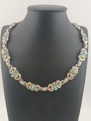 ART DECO REVIVAL Rhodium Plated Panels Clear & Aqua Blue Stones Choker Necklace
