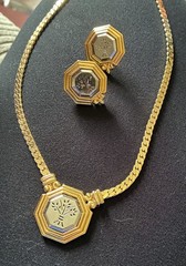 Gold Tone Octagon Pendant Necklace & Matching Clip-On Earrings Jewelry Set