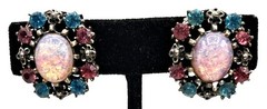 Vintage Coro Rhinestone Earrings Cabochon Blue Pink Stone Screw Ons