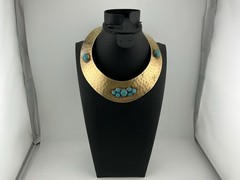 Vtg 1976 Torque Necklace One Owner Hammered BrassT Blue Clusters Approx 15”