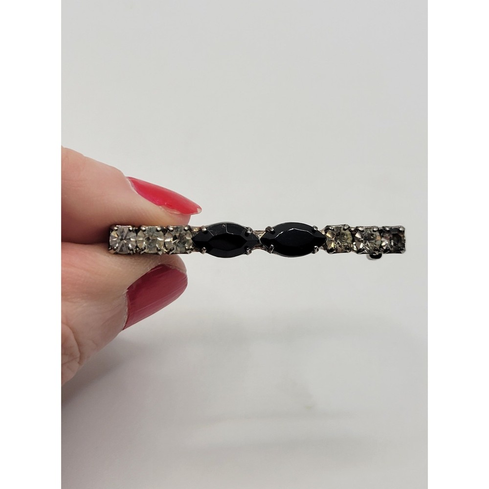 Vintage Art Deco Bar Brooch Pin Black Glass Navette Prong Set Rhinestone