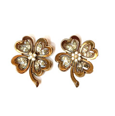 Vintage Crown Trifari Sterling Sillver Clover Brooch Pin Goldtone Set of 2