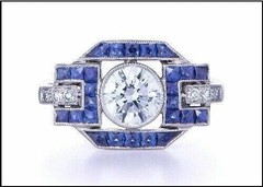Art Deco Style Lab Created Diamond & Sapphire Anniversary 14K White Gold FN Ring