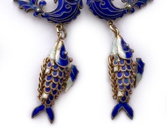 Blue Cloisonne & Vermeil Koi Fish Charm Bracelet and Hoop Earrings: China Export