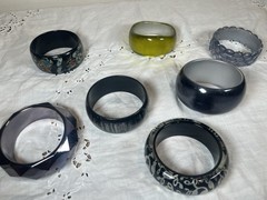 Lot of 7 Vintage Chunky Lucite Bangle Bracelets Gray, Green Moonglow, Faceted,