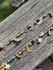 Vintage 70s Starlight Necklace Glass Beaded Celestial Stars Moon Long Brass