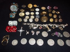Estate Lot Grandma’s Lot Vintage Sterling, Vtg Coins, Buttons, Watch, & Bakelite