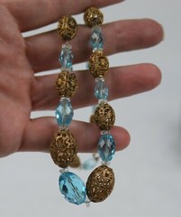 Vintage Czech Era Aqua Blue Gold Tone Filigree Necklace