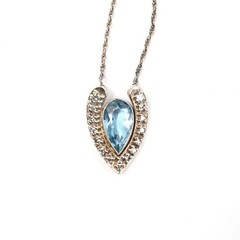 14K White Gold Blue Aquamarine Diamond Artistic Pendant Necklace, 18 Inch Chain