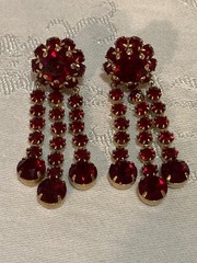 Vintage VOGUE Ruby Red Rhinestone 3 Strand Gold Tone Dangle Earrings Signed