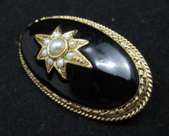 Vintage 1928 Brand Faux Seed Pearl Domed Oval Black Enamel Brooch Pin Gold Tone