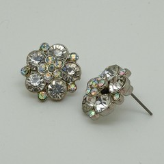 Vintage 1990s Swarovski Crystal AB Cluster Stud Earrings Silver Tone Flower NOS