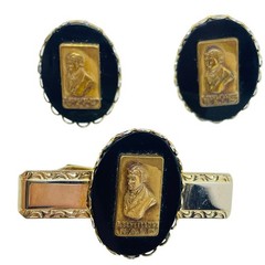 Vintage gold tone black glass A SENEFELDER N.A.L.C. tie clip cufflinks set