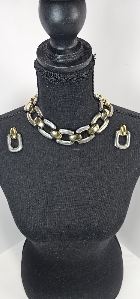 Vintage Two Tone Chunky Chain Necklace & Earrings Set Gold Silver Link Statement