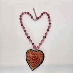 Vintage India Hand Painted Bangle Necklace Heart Floral Boho Beads