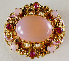 Vintage West Germany Opaline Pink Glass & Rhinestone Filigree Pin Brooch Oval