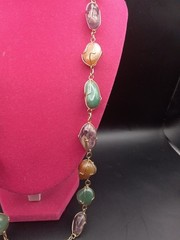 Vintage Amethyst, Jade Agate, Carnelian Goldgilt Wire Long Necklace