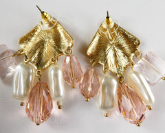 Lovely Chandelier Drop Earrings Pink Glass Crystal & Faux Pearls Gold Tone Post