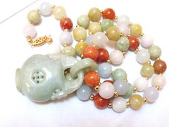Vintage Chinese 14K GOLD Multi-Color Jade 9mm Beads Necklace Pendant, 22″