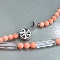Natural Japan Angel Skin Pink Coral 6.4mm. & Crystal Quartz Necklace 21 in.,35g.