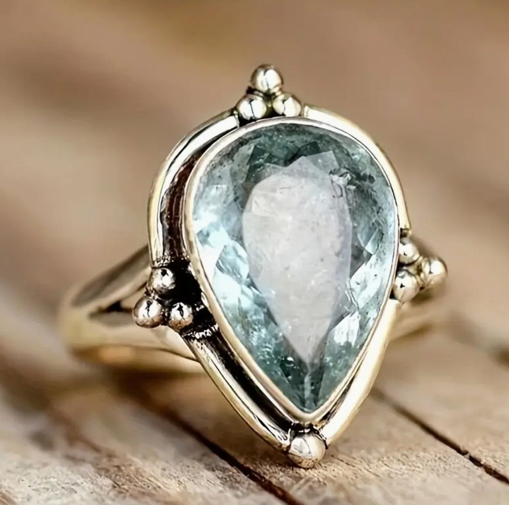 Vintage Inspired Silver Plated Ring Waterish Blue Green Gemstone Water Drop Sz9