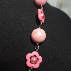 Vintage Handmade Women’s Necklace Pink Cotton Candy Natural Stones, Faux Pearls