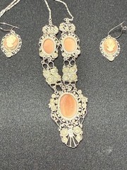 Vintage 800 Silver Filigree Cameo Parure Necklace & Earrings