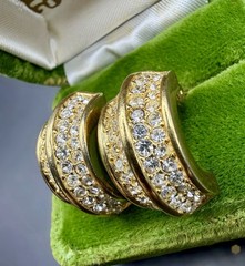 Vintage Christian Dior Pavé Rhinestone Gold Plated Half Hoop Clip Earrings