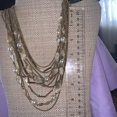 Multi 13 St Gold Tone Layered Necklace/Faux Pearls Bar Link,Curb Chains