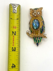 Vintage Florenza Owl Brooch Blue Green Foiled Cabochon Enamel Gold Tone Pin