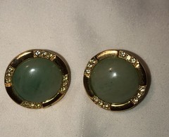 Vintage Gold Tone Faux Jade Cabochon Rhinestone Button Stud Earrings Light Green