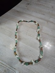 Vintage Boho Beaded Necklace Green Agate, Amber Brown Stone & Shell