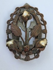 Antique Embossed Floral Bronze Metal Art Nouveau Pearl Flower Brooch Pin