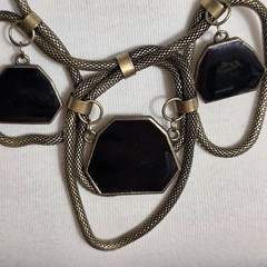 Brass-Tone Statement Necklace Thick Mesh Chain Geometric Rein Black Pendants