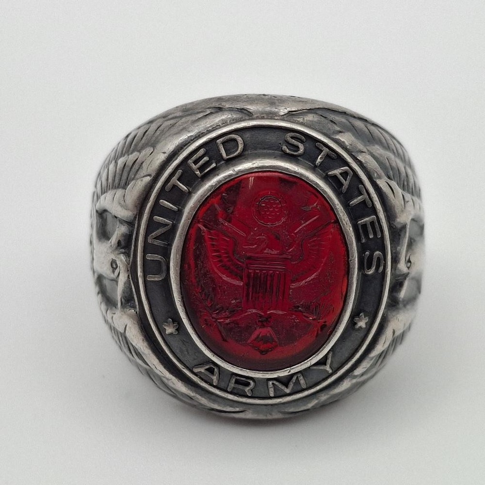 Vintage 925 Sterling Silver US Army Seal Red Intaglio Glass Signet Ring Size 7.5