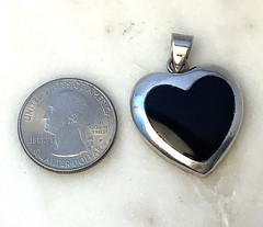 Heart Pendant Black Onyx Signed 925 Big Chunky Vintage Sterling Silver Charm