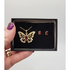 Garnet Butterfly Pendant Necklace Stud Earrings Set Goldtone Crystal Rhinestones