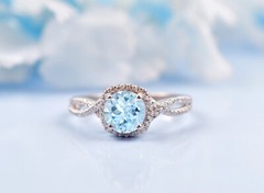 Round Cut Aquamarine Halo Engagement Ring Wedding Ring Anniversary Gift For Her