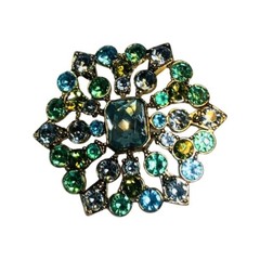 VTG Liz Claiborne Green Rhinestone Brooch Pin 2” Gold Tone Flower